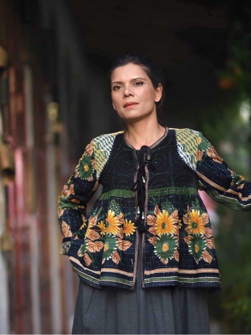 Black Floral Boho Tie-Front Jacket with Green & Mustard Flowers